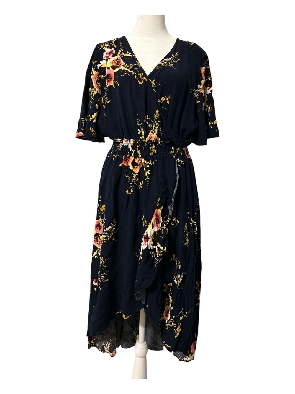 Navy Floral High-Low Wrap Midi Dress